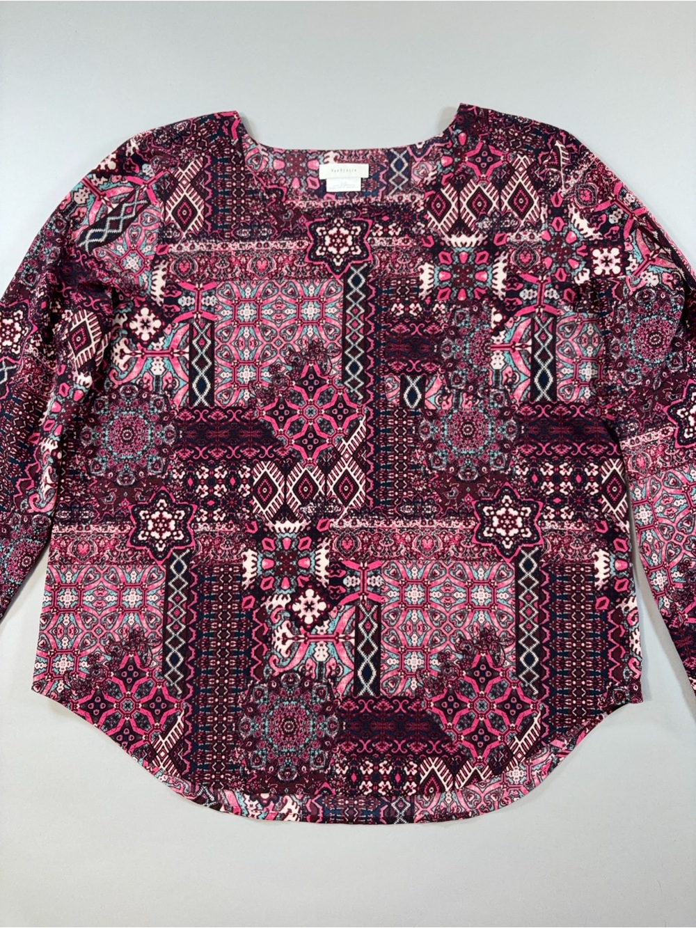 Van Heusen L Pink Burgundy Turquoise Geometric Folk Print Roll Tab Sleeve Blouse